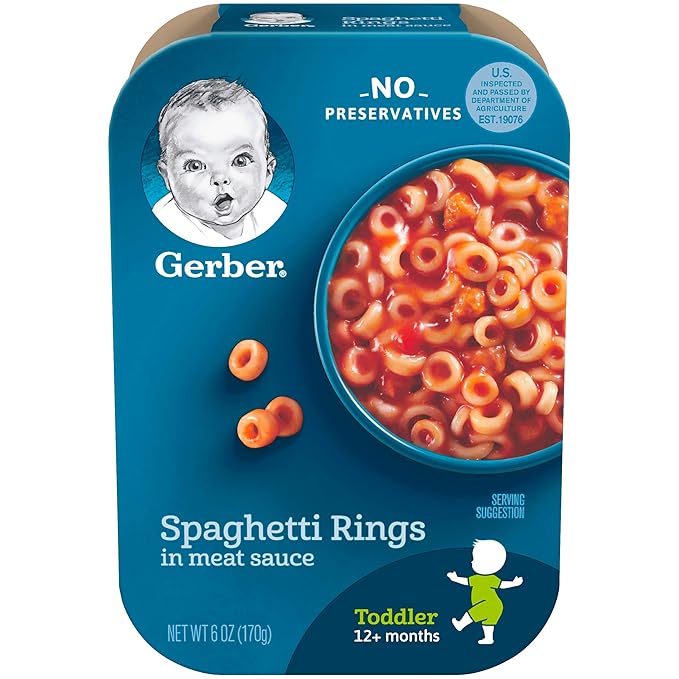 Gerber Snacks for Baby Value Pack (8 Pack) and Gerber Spaghetti Rings in Meat Sauce (6 Pack)