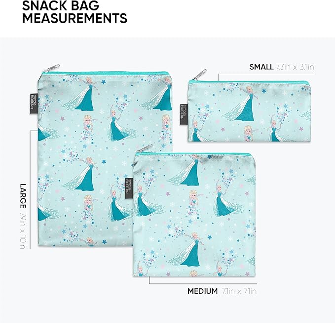Simple Modern Disney Reusable Snack Bags for Kids | Food Safe, BPA & Phthalate Free, Polyester Zip Pouches | Washable & Refillable Sandwich Bag | Ellie Collection | 3 pack | Frozen Elsa's Snowflake