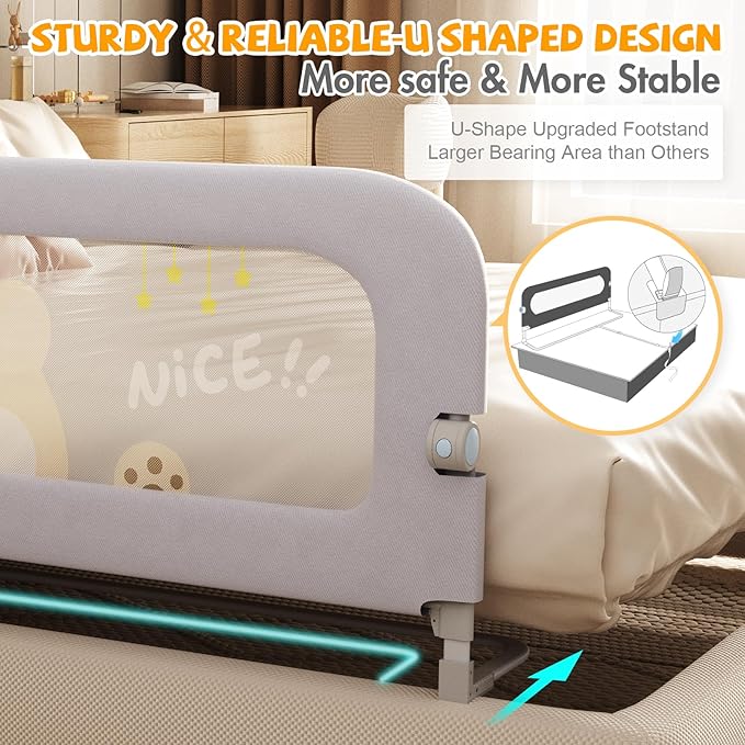 Bed Guard Rail for Toddlers - 47 inches Lift Foldable Toddler Bed Rails for Kids - Safety Baby Bed Rail Guard with Reinforced - Great Fit for Kids Twin Double, Full Size, Queen, King Size