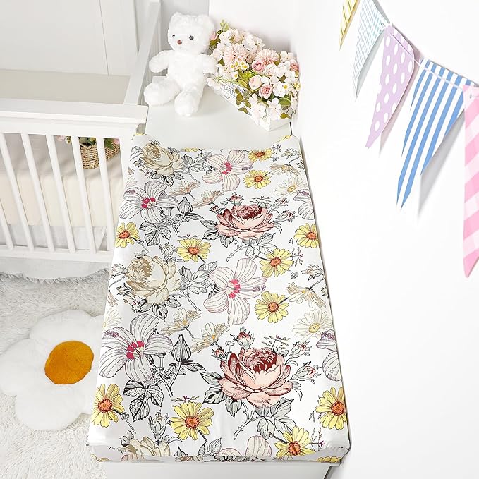 Changing Pad Cover, Diaper Baby Changing Table Covers for Girls & Boys, HNHUAMING Soft Fitted Changing Mat Cover Stretchy Nursery Changing Pad Sheets, Floral (32 X 16 Inches)