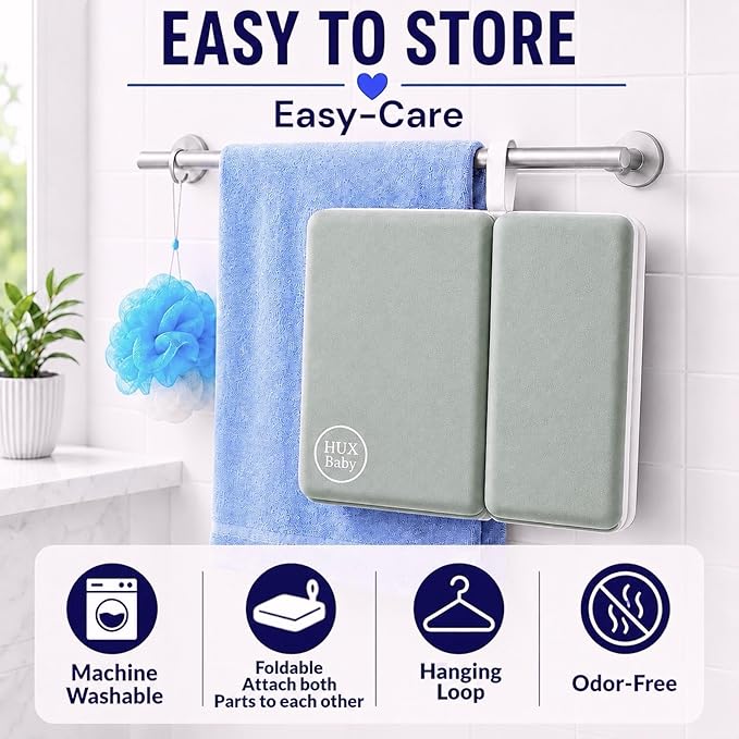 Comfortable Baby Bath Kneeler and Elbow Rest Pad Set, Non-Slip Bathtub Kneeling Pad for Bathing Baby, Bath Tub Cushion Mat, Elbow Pads, Toy Organizer Storage Pockets, Strong Suction Cups (Green Gray)