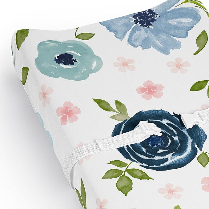Sweet Jojo Designs Baby Changing Pad Cover Sheet (Navy Blue Boho Floral) for Girls, Infant/Newborn Diaper Change Table Mat Covers (Bohemian, Shabby Chic, Watercolor, Flower, Farmhouse, Sage Green)