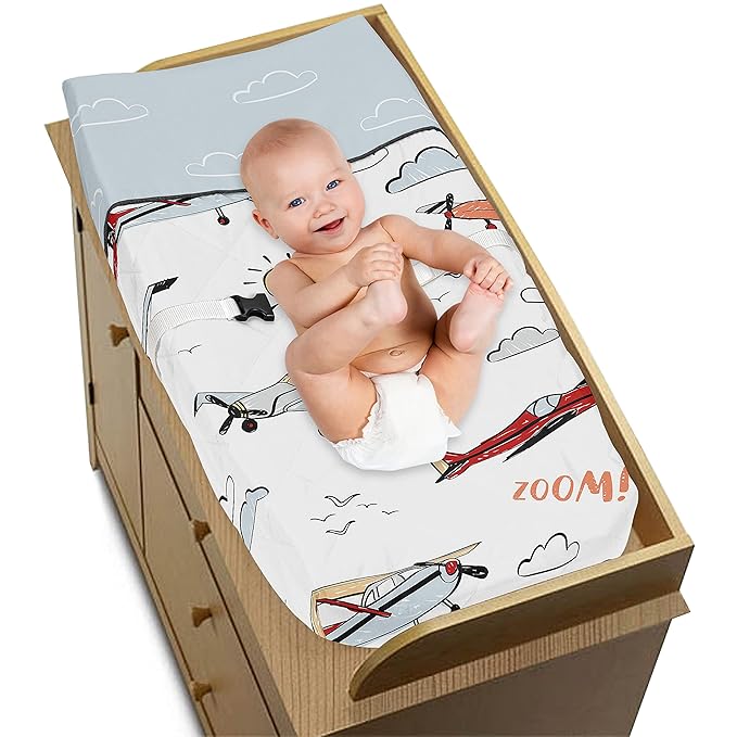 Sweet Jojo Designs Vintage Airplane Boy Baby Nursery Changing Pad Cover - Grey Yellow Orange Red White and Blue Airplanes Air Plane Transportation Clouds Sun Sky Aviator Aviation