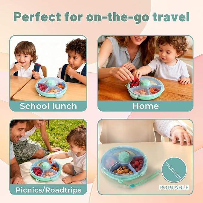 KingKam Kids Snack Spinner Containers, Reusable Toddler Spin Snack Container Box with 4 Compartments & Lid, BPA Free Food Grade Silicone Tray Dishwasher Safe, Travel Snacking Accessories (Blue/Green)