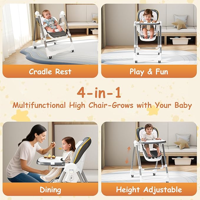 High Chairs for Babies and Toddlers, Foldable High Chair with Lockable Wheels, 4-in-1 Convertible, Adjustable Reclining Seat with Leg Rest & 5-Point Harness, Soft Cushion, Portable When Folded, Gray