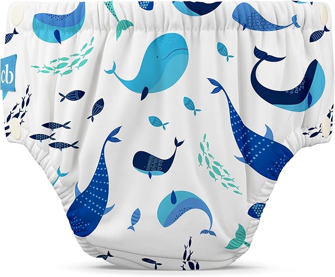 Charlie Banana Reusable Swim Diaper, Washable, with Easy On and Off Snaps for Baby Girls Boys, Soft and Snug Waterproof Fit to Prevent Leaks - The Whale on White, Size S (12-20 lbs)