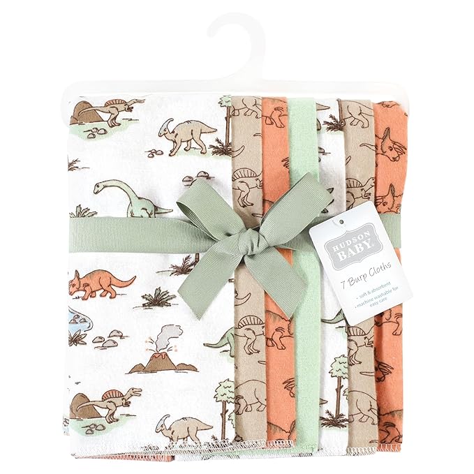 Hudson Baby Unisex Baby Cotton Flannel Burp Cloths, Dinosaur Adventures 7-Pack, One Size