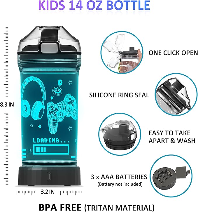 Attivolife Game Water Bottle for Kids, 3D Illusion LED Light with 7 Color Changing Light - 14 0z BPA Free - Creative Ideal Camping Picnic Travel Cup Gamer Gifts, Back to School for Boys Child Holiday