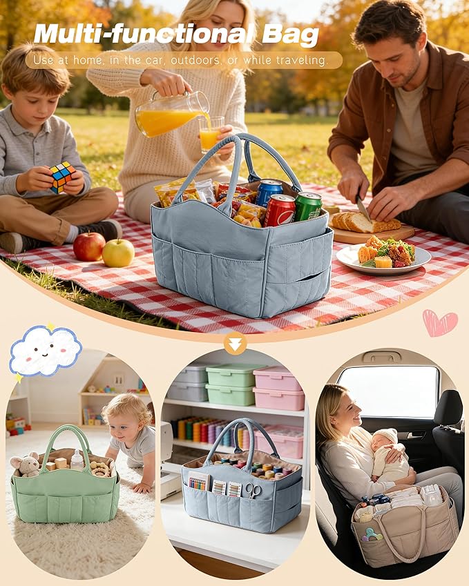 Marscamd Quilted Baby Diaper Caddy with Detachable Dividers and Wipes Pocket, Lightweight Baby Caddy Organizer with Handles and 8 Pockets for Baby Stuff, Camel