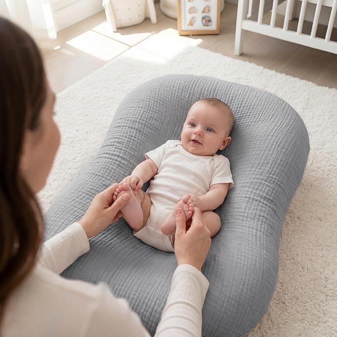 Muslin Baby Lounger Cover 1 Pack, Cotton Soft Breathable Infant Nest Slipcover, Envelope Closure, Compatible with Snuggle Me Loungers, Machine Washable, Cover Only, for Boys Girls(Gray)