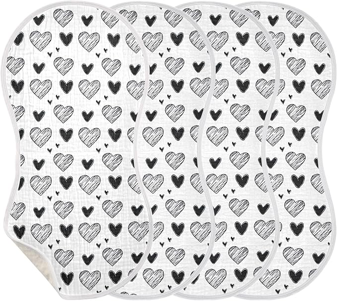 1Pc Black White Hearts Burp Cloth,Unisex Large Absorbent Soft Cotton Muslin Burping Cloths for Newborn Boys Girls,11x22in,A113395