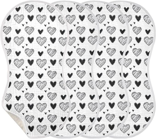 4Pcs Black White Hearts Burp Cloth,Unisex Large Absorbent Soft Cotton Muslin Burping Cloths for Newborn Boys Girls,11x22in,A113395