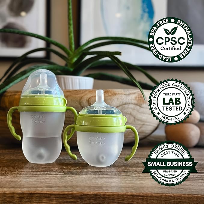 Straw Cup Conversion Kit for Comotomo Baby Bottles 3-Count, Soft Food Grade Silicone Straw Spout Nipples, All Silicone Weighted Straw, Green Bottle Handles and Cleaning Brush, BPA Free, 6+ Months