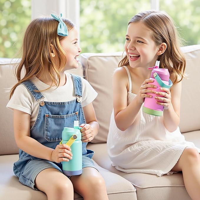 Kerilyn 12oz Water Bottle 2 Pack, Stainless Steel Insulated Water Bottle Bulk with Straws Leak-Proof,BPA Free, 2 Piece Set Cloud & Skyblush