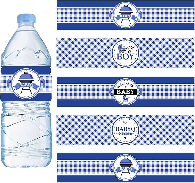 24PCS BBQ Baby Shower Water Bottle Labels, Barbecue Baby Shower Waterproof Self Adhesive Water Bottle Labels for Cookout BBQ Babyq Shower Decorations Boy Blue