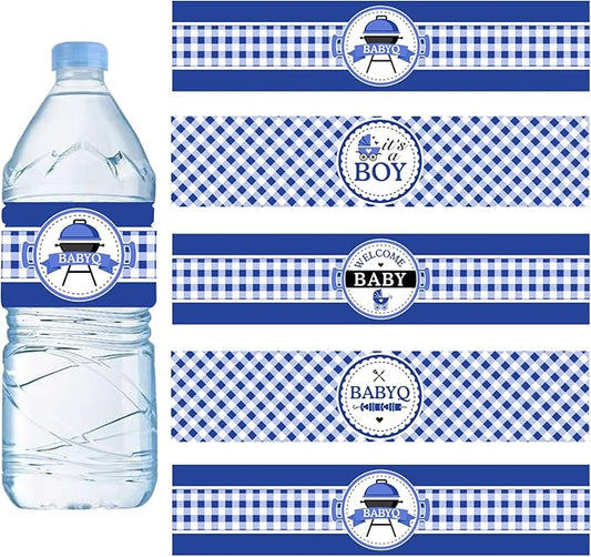 24PCS BBQ Baby Shower Water Bottle Labels, Barbecue Baby Shower Waterproof Self Adhesive Water Bottle Labels for Cookout BBQ Babyq Shower Decorations Boy Blue