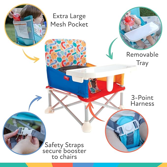 Nuby Pop-Up Booster Seat with Removable Tray - 6+ Months - Portable Booster Seat for Floor for Indoor/Outdoor Use - 3-Point Safety Adjustable Straps - Summer Travel Essentials - Fun Faces