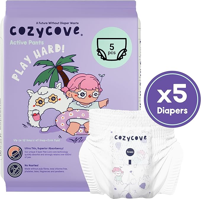 Cozycove Size 5 XL (20-31 lbs) Pull Up Training Pants | Totally Chlorine Free, Fragrance Free | Wetness Indicator | Play Hard Slim Active Pants | 5 Count Travel