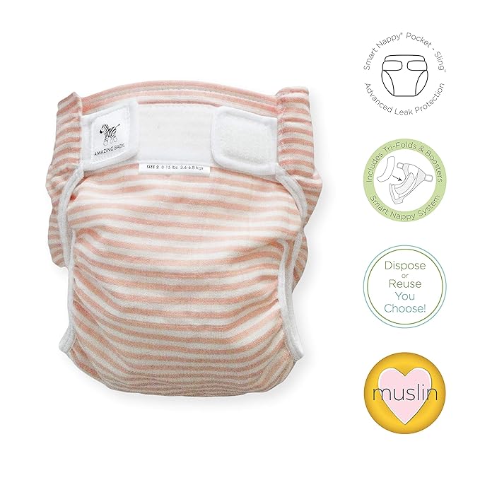 Amazing Baby Hybrid Cloth Diaper Cover with Pocket-Sling, Small, Sz 2 (8-15 lbs), Use with Boosties Inserts, Pink Tiny Stripes, SmartNappy Set includes Muslin Cover + Tri-fold Insert + Booster Pad