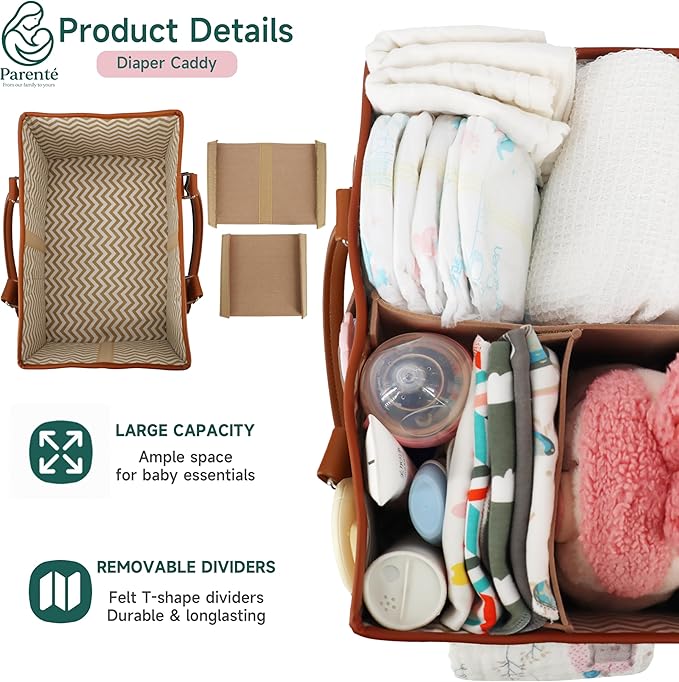 Diaper Caddy Organizer for Baby Essentials, Portable Nursery Storage Bin with Handles, Large Capacity for Diapers, Wipes, Toys, Changing Table or Car, Felt Diaper Organizer