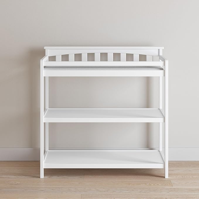 Child Craft Flat Top Infant Changing Table, Water-Resistant Pad and Safety Strap, Anti-Tip Kit Included to Prevent Tipping, Non-Toxic, Baby Safe Finish (Matte White)