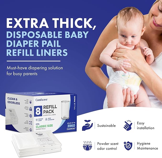 COMFICOVE Dekor Diaper Pail Refill Bags, 8-Pack Compatible with Dekor Classic Diaper Pail, Leak-Proof Disposable Liners, Odor-Resistant Diaper Refill Bags for Easy Cleanup