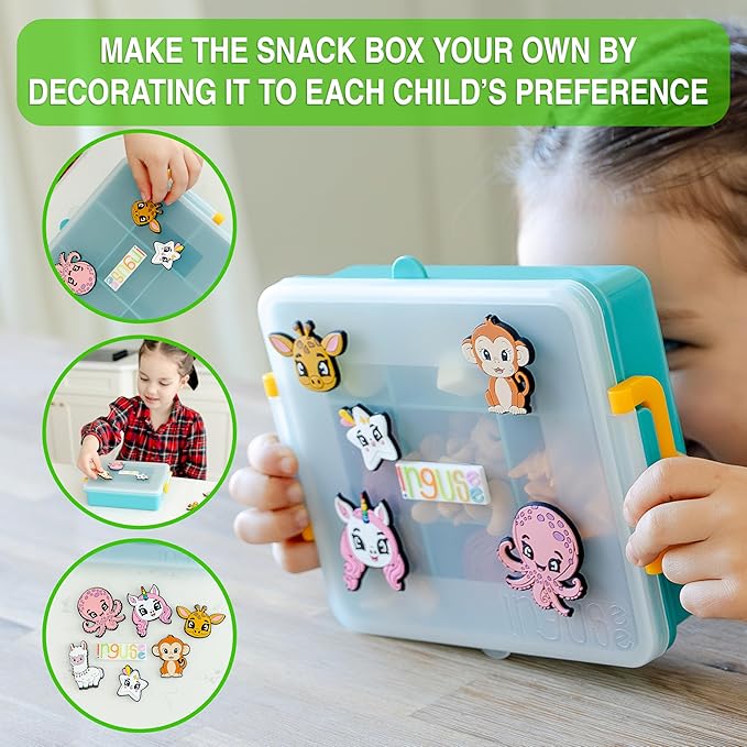 Travel Snack Box for Kids - Customizable Snackbox Container Organization System with Removable Dividers and Fun Silicone Character Decorations - Air-Tight Dishwasher-Friendly Toddler Food Containers