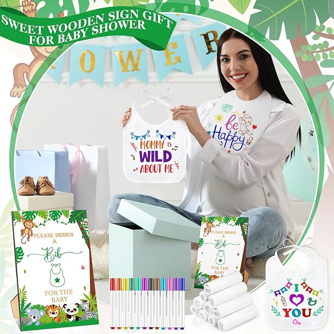 Panitay 100 Pcs DIY Baby Bibs Decorating Kit 50 White Bibs 25 Stencils 24 Markers 1 Baby Shower Game Sign