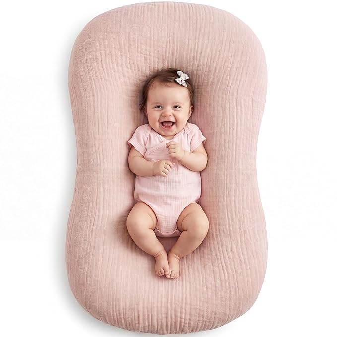 Muslin Baby Lounger Cover 1 Pack, Cotton Soft Breathable Infant Nest Slipcover, Envelope Closure, Compatible with Snuggle Me Loungers, Machine Washable, Cover Only, for Girls Boys(Pink)