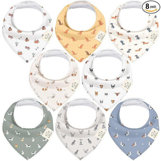 8-Pack Organic Baby Bandana Bibs for Boys, Girls - Super Absorbent Triangle Baby Bibs for Drooling and Teething Infant, Dog Bandanas, 100% Cotton Extra Soft, Newborn, Infant 0-36 Months (Pets & Paws)