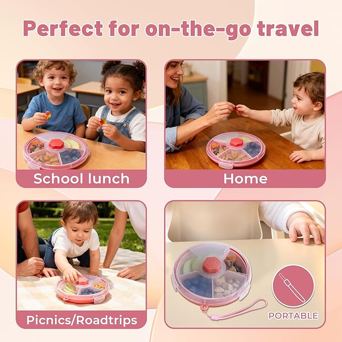 KingKam Kids Snack Spinner Containers, Reusable Toddler Spin Snack Container Box with 4 Compartments & Lid, Travel On-The-Go Snacking, BPA Free | Dishwasher Safe | Strap and Sticker (Pink)