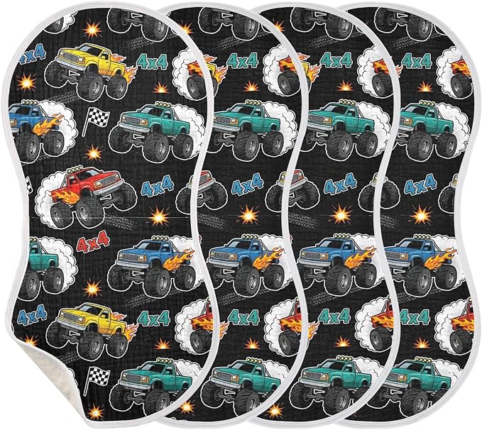4 Pack Muslin Burp Cloths Monster Truck Black Print Cotton Baby Burp Cloths Absorbent Soft Burping Cloth Washcloths for Newborn Babies 22x11 Inch