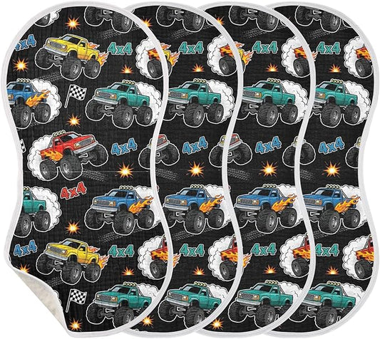 4 Pack Muslin Burp Cloths Monster Truck Black Print Cotton Baby Burp Cloths Absorbent Soft Burping Cloth Washcloths for Newborn Babies 22x11 Inch