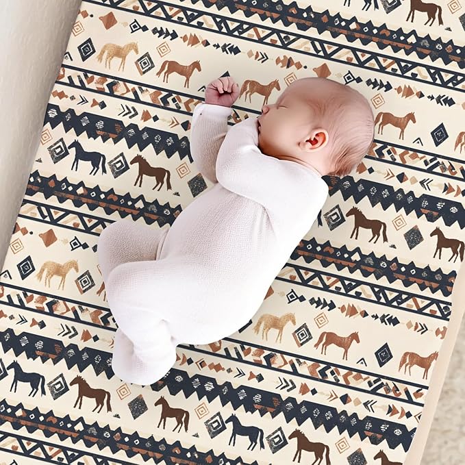 Native American Tribal Horses Geometric Pattern Baby Changing Pad Cover, Unisex Western Nursery Diaper Changing Table Pad Mat Sheet for Boys Girls-16x32