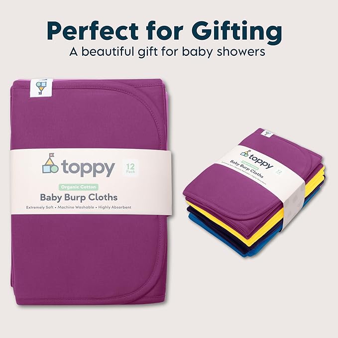 Toppy Organic Cotton Burp Cloths | Soft and Absorbent | Baby Infant Boys and Girls | Large - 21" x 10"