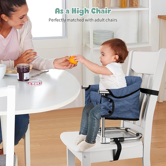 Booster Seat for Dining Table, 3-in-1 Portable Toddler Booster Chair with Safety Buckle, Height Adjustable & Foldable Baby Feeding Seat, Travel High Chair with Storage Pocket - Navy Blue