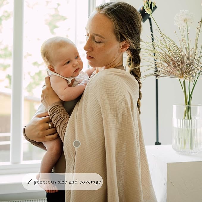 Breathable Muslin Nursing Cover for Baby Breastfeeding by Bond (Light Beige) - Pumping Breastfeeding Cover Up for Mom I Also Works Ideal as Stroller Cover and Privacy Nursing Blanket