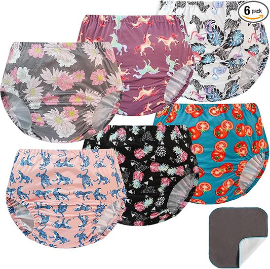 EZ Moms 6 Packs Soft Plastic Underwear for Toddlers Reusable Diaper Cover for Baby Girls Portable Rubber Pants for Toddlers Diaper Covers with Baby Washable Wipes Girl 1T Rubber Pants for Babies