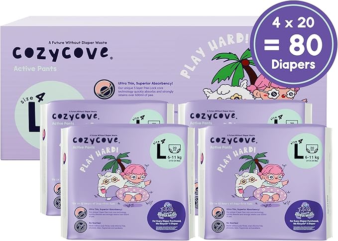 Cozycove Size 4 L (13-24 lbs) Pull Up Training Pants | Totally Chlorine Free, Fragrance Free, Wetness Indicator | Play Hard Slim Active Pants | 80 Count (4 Bags of 20)