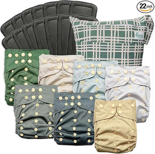 7-Pack Reusable Cloth Diapers with AWJ Interior – Includes 14 Absorbent Inserts and 1 Wet Bag – Adjustable, Waterproof, and Washable (Serene Sands, Charcoal Inserts)