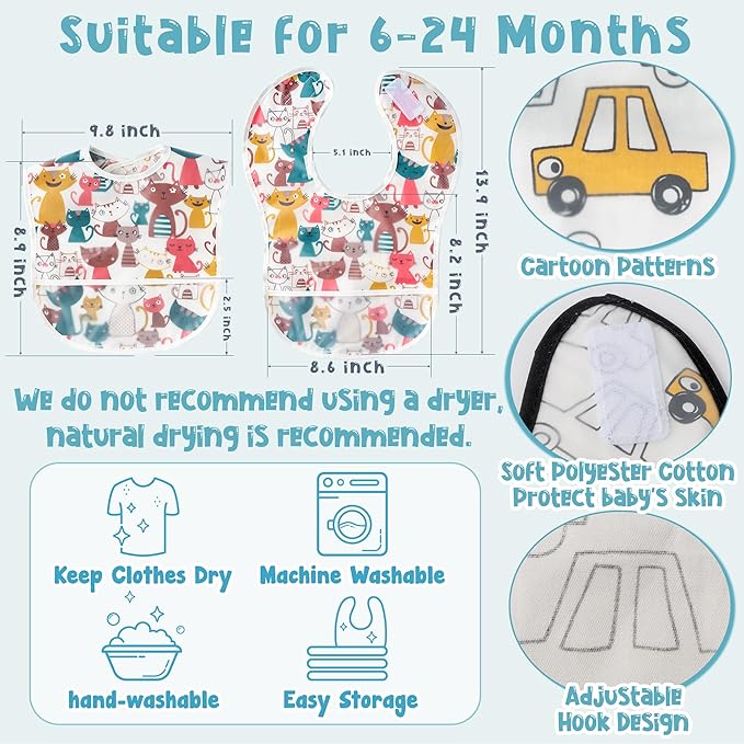 6 Pcs Baby Feeding Bibs Toddler Waterproof Bib Set with Crumb Catcher Pocket Infant Adjustable Baby Teething Bib Babies Food Bibs Keepsake Gift for Baby Shower Christmas New Year, 6-12 Months