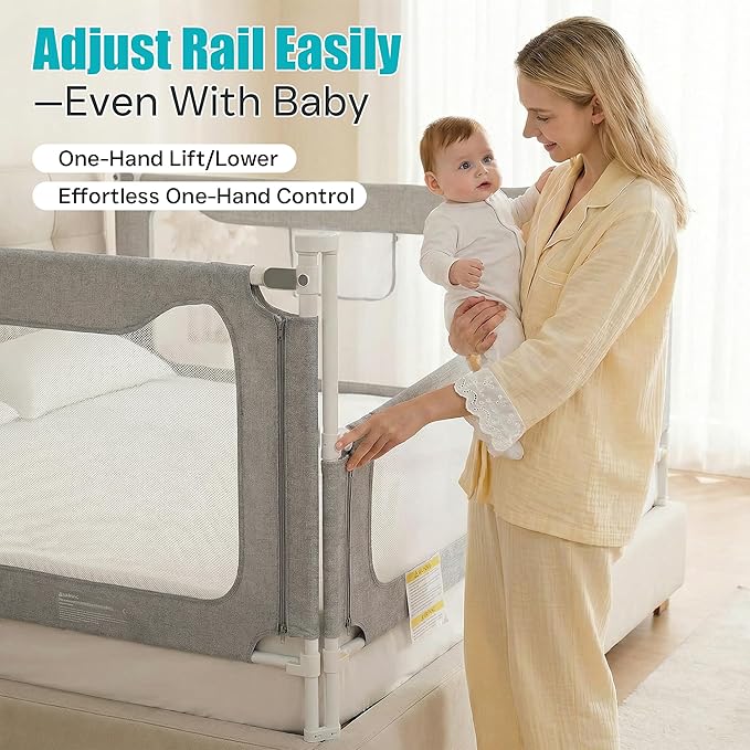 Queen Size Baby Bed Rail Guard – Extra Tall Safety Bedside Rail with Headboard Rod for Toddlers, Adjustable No-Gap Design, 3 Panels (2×78.7″ + 1×59″), Gray