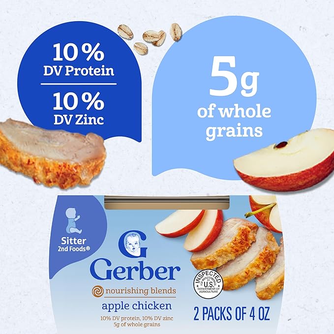 Gerber Stage 2 Baby Food, Apple Chicken, 4 oz Tub (16 Pack)