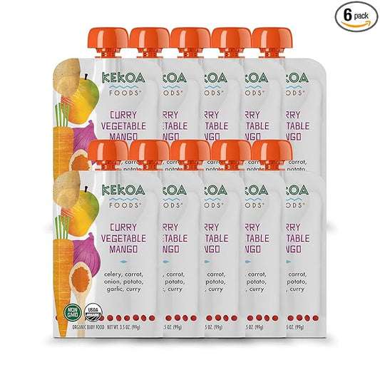 Kekoa Foods Curry Vegetable Mango Baby Food Purée | 100% USDA Certified-Organic, No Sugar Added | Organic, Non-GMO, Gluten-Free, Vegan | Mild Curry with Celery, Carrot & Potato | 3.5 oz Squeeze Pouch