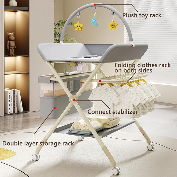 Changing Table, Portable Baby Changing Table with Wheels, Upgraded Foldable Diaper Changing Station with 5-Level Adjustable Height & Large Nursery Organizer Storage for Newborn Infant
