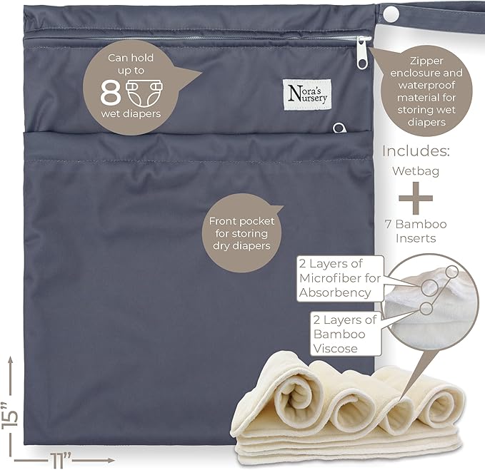 Nora's Nursery Cloth Diapers 7 Pack with 7 Inserts & 1 Wet Bag - Waterproof Cover, Washable, Reusable & One Size Adjustable Pocket Diapers for Newborns and Toddlers - Country Garden