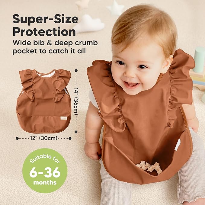 KeaBabies Waterproof Bibs for Baby Girl,Boy – 2-Pack Lightweight, Large Baby Bibs for Eating, Wearable Food Catcher, 6-12 Months Infant Feeding Essentials, Smock for Toddlers 1-3, Kids (Terracotta)