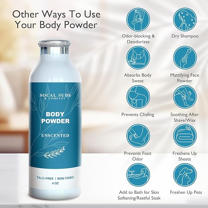SoCal Suds & Company - Natural Body Powder Talc-Free - with Arrowroot Powder, Kaolin, Aspen Bark Extract for Soft Soothing Delicate Skin - Fragrance Free, 4oz, 1-Pack