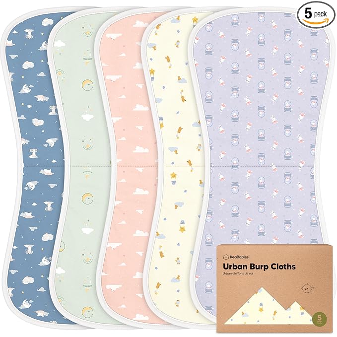 Organic Burp Cloths Baby Boy & Girl - 5-Pack Super Absorbent Cotton Burping Cloths for Babies, Soft & Plush Newborn Spit Up Rags, Infant Towels for Milk Spit Up, Unisex, Large 21" x 10" (Dreamers)