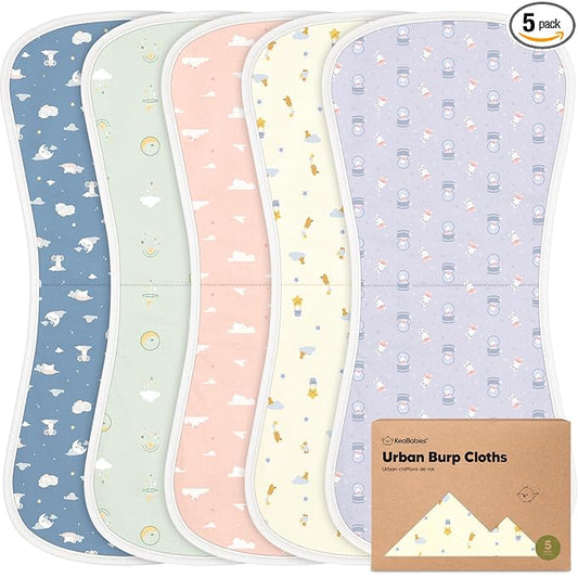 Organic Burp Cloths Baby Boy & Girl - 5-Pack Super Absorbent Cotton Burping Cloths for Babies, Soft & Plush Newborn Spit Up Rags, Infant Towels for Milk Spit Up, Unisex, Large 21" x 10" (Dreamers)